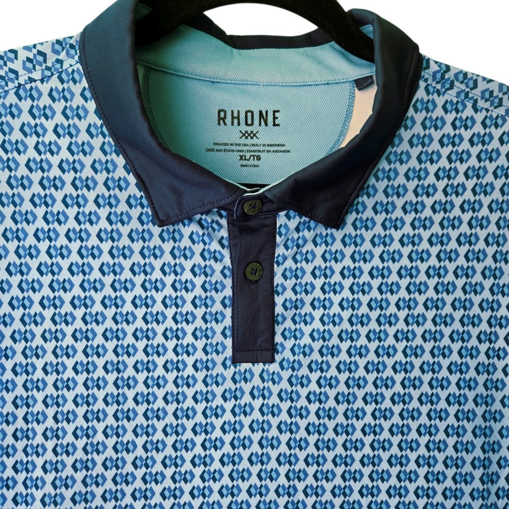 RHONE Mens Golf Polo Shirt XL TG‎ Blue Diamond Pattern Short Sleeve Performance